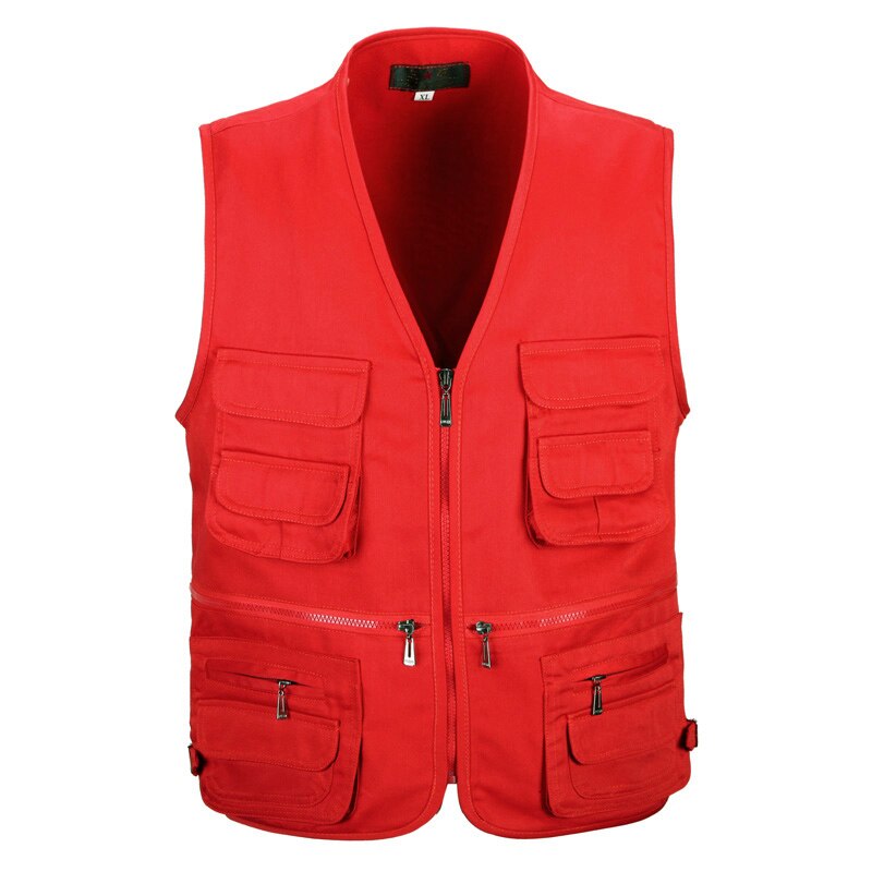 Chaleco de algodón multibolsillo para hombre, novedad de verano, chaqueta sin mangas delgada informal para hombre con muchos bolsillos, chaleco holgado para fotógrafo para hombre: Red Vest / XXXL