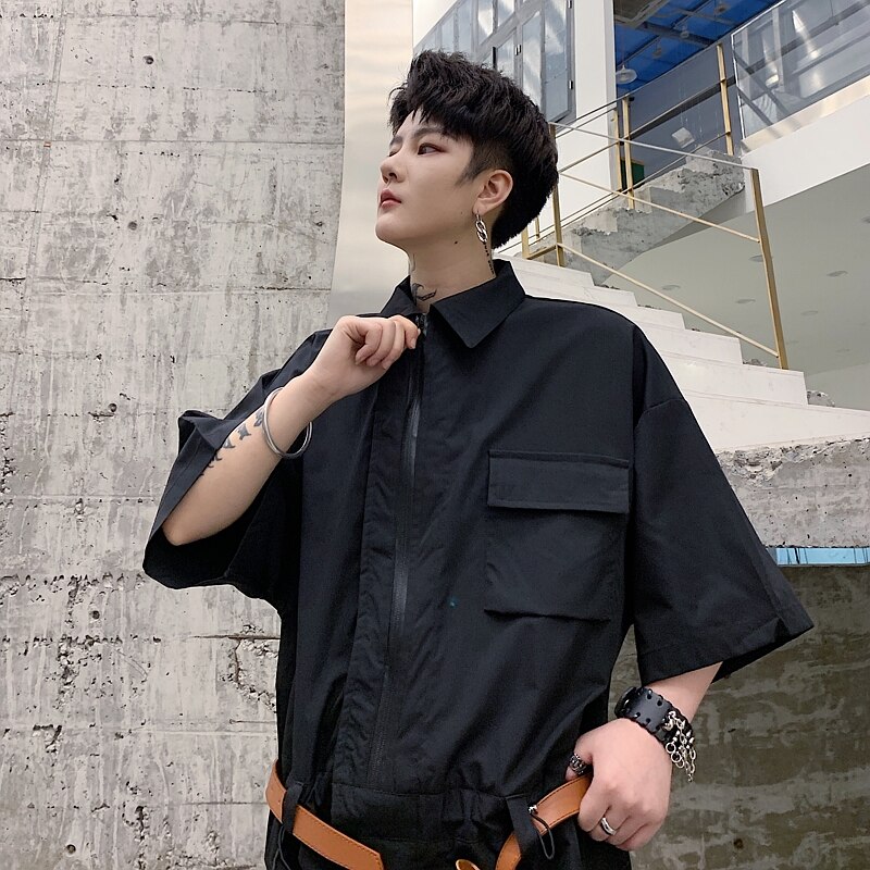 Mono de manga corta para hombre, holgado, informal, con cinturón incluido, Pantalón Cargo, ropa de calle para hombre, ropa de calle, monos de Hip Hop, pantalón harén