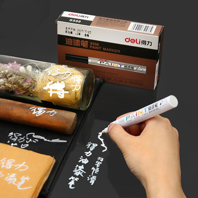 Deli 1pcs white mark pen oil 8 colors black silver gold waterproof do not fade paint pen marker pen