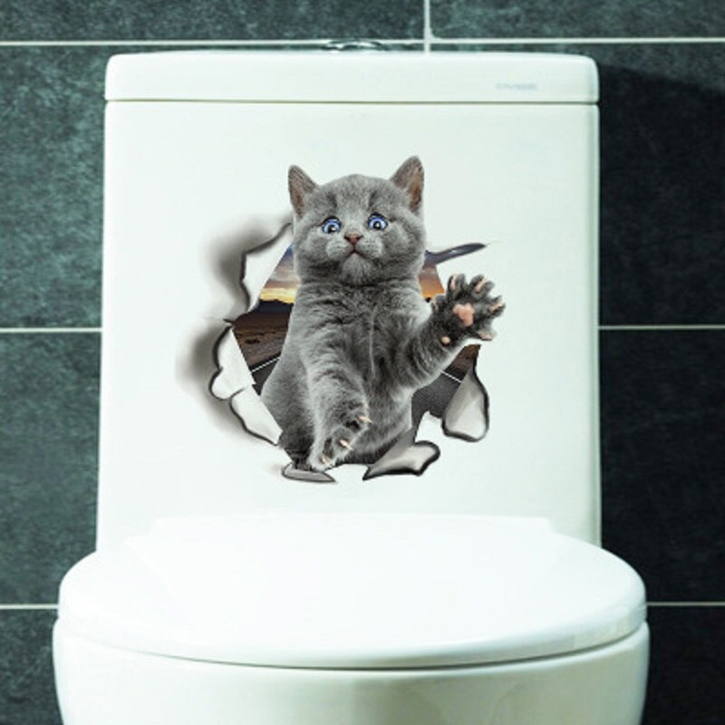 Pegatinas de vinilo 3D para el baño de gatos, vinilo impermeable con de Gato Azul encantador para la pared del baño: 09