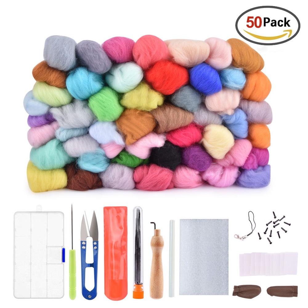 Kit de tela de fieltro de lana para Hacer bolas de Navidad, juego de agujas de fieltro con mango, para manualidades, DIY, 36/50 colores: 50 Wool Felt-Tool