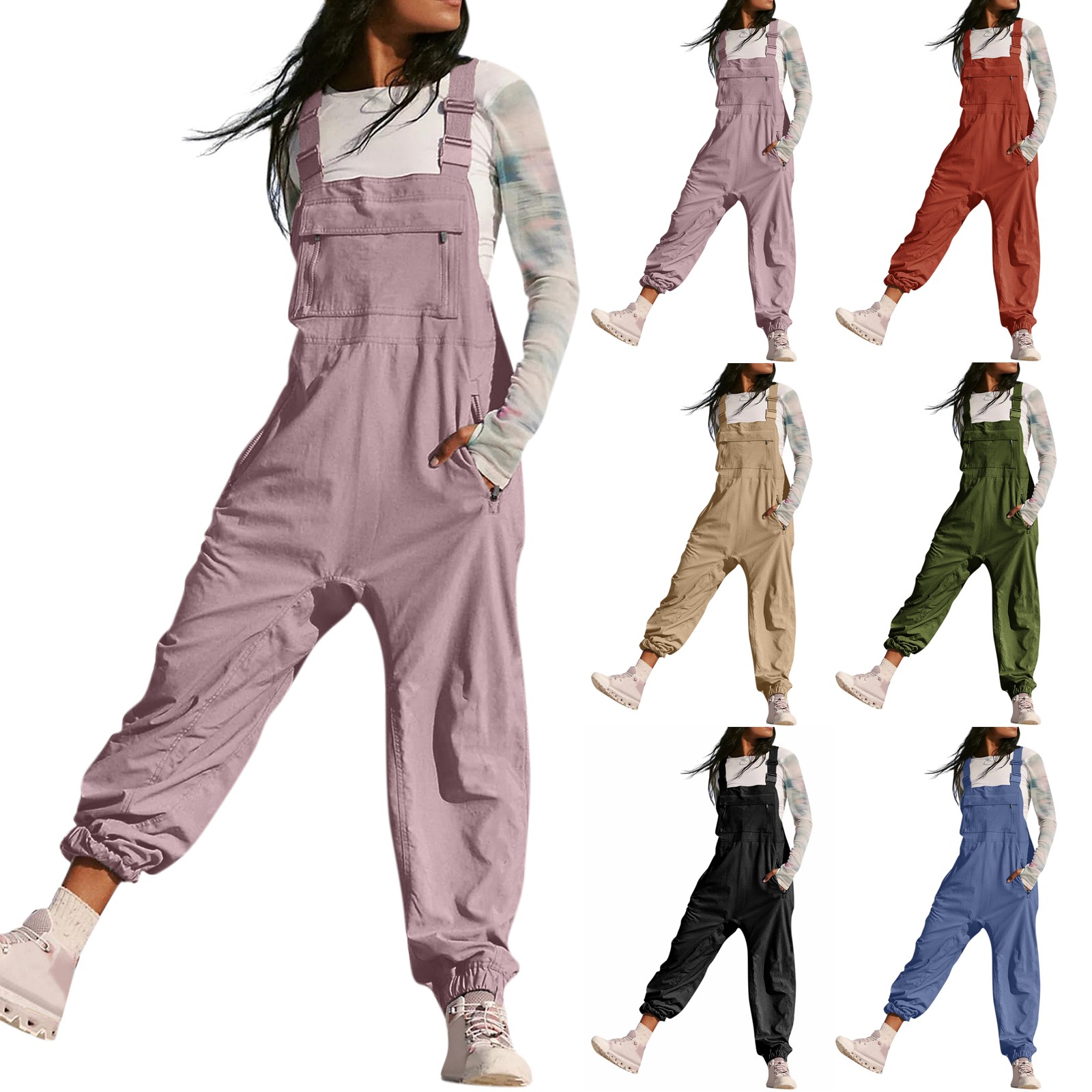 Kombinezony damskie Letnia moda Casual Luźne kombinezony z szerokimi nogawkami Jednokolorowe kieszenie z wkładkami Retro Kombinezony z paskiem na guziki