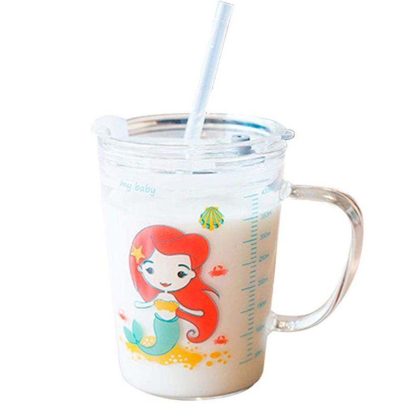 1 sæt 450ml børn tegneserie mælkekop med halm gennemsigtig skala glas kop til børn: C