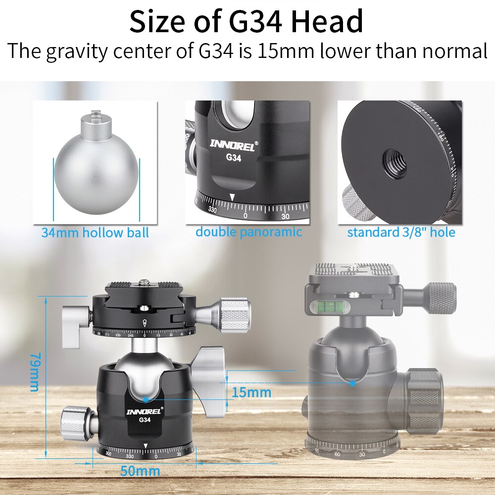G40/G34 Low Center of Gravity Tripod Ballhead Double Panoramic U Notch Head Add L Quick Release Plate for Monopod DSLR Camera