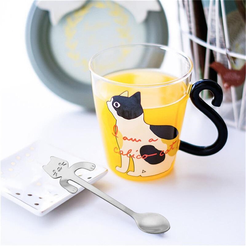 Katze Glas Tasse Mit Löffel transparent Wärme Beständig Kaffee Becher Saft Tee Frühstück Milch Tasse Karikatur Katze Schwanz Griff Getränk