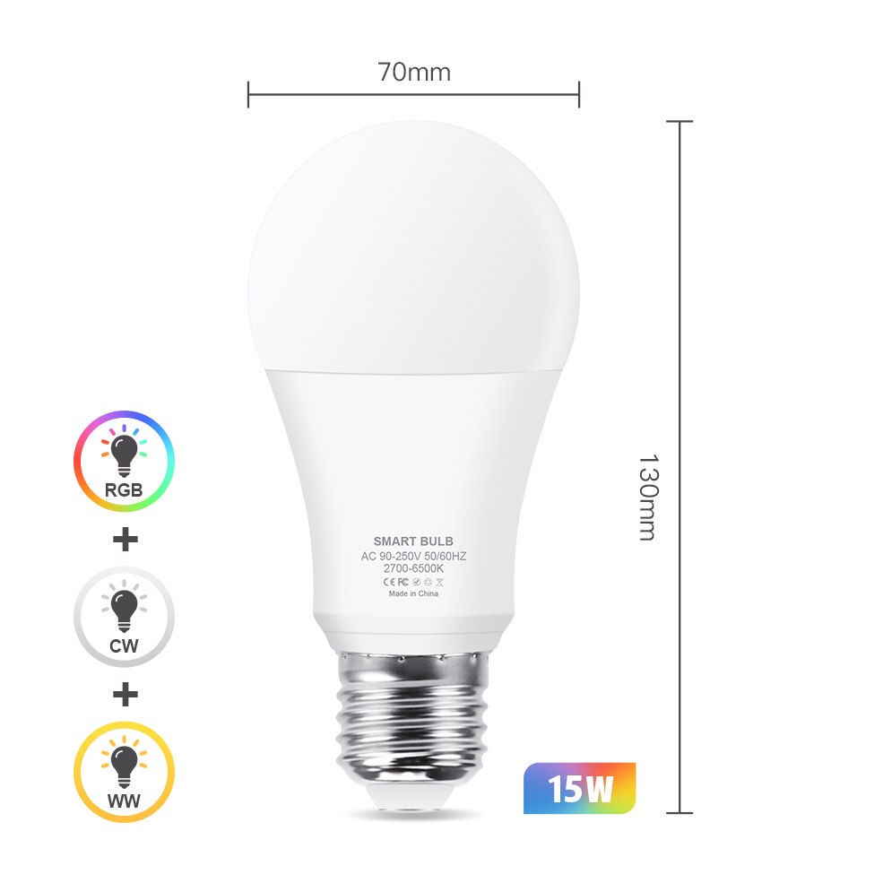 Wifi smart lyspære rgb + hvit + varm hvit  e27 led pære tuya smart life app dimbar stemmekontroll arbeid med alexa, google home: 15w / 4 stk x lyspærer