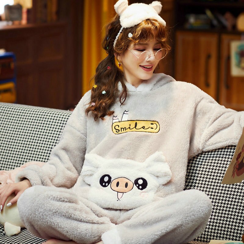 Unisex pyjama voor volwassenen, heren, winter, fluwelen nachtkleding, 2- delige warme flanellen pyjamaset, dieren, cartoon, schattige huiskleding: 2 / S