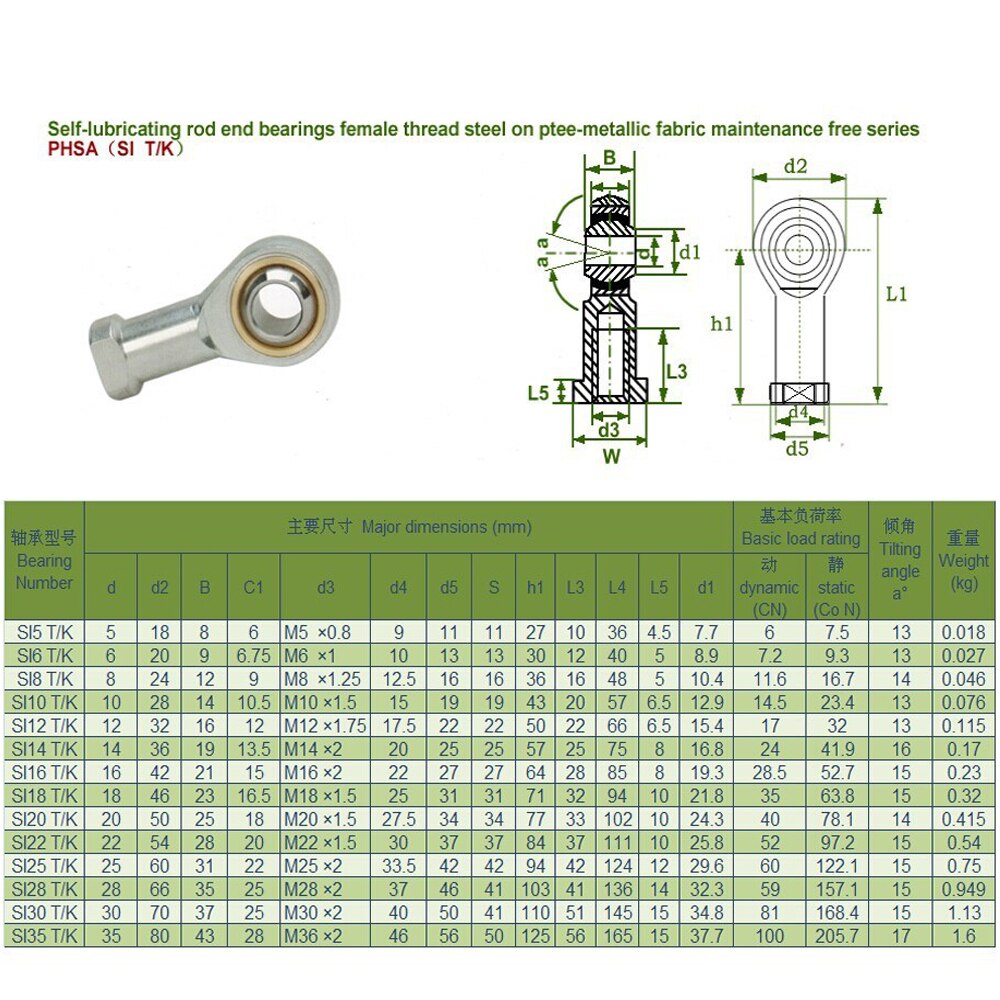 SI8T/K PHSA8 8mm rechterhand vrouwelijke draad metrische rod end joint lager SI8TK