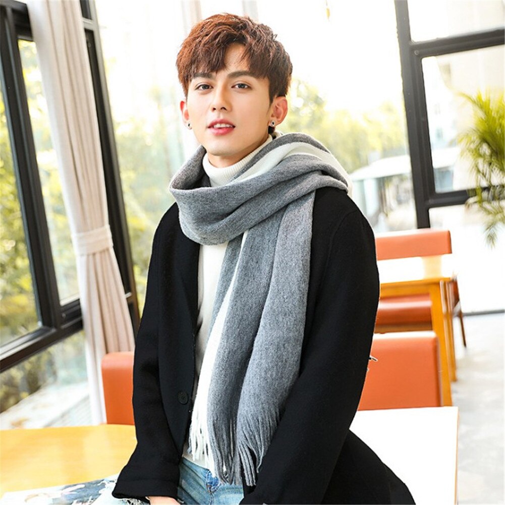 Men Scarves Winter Wool Scarf Striped 200Cm Long Scarves Wrap Knit Shawl Beige Striped Tassels Scarves: Gray