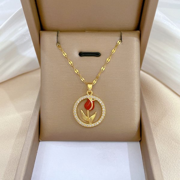Collar con colgante de tulipán de acero inoxidable ligero de lujo para mujer, cadena de Color dorado, collar de flores, de joyería de la suerte para niñas: Chapado en zinc azul