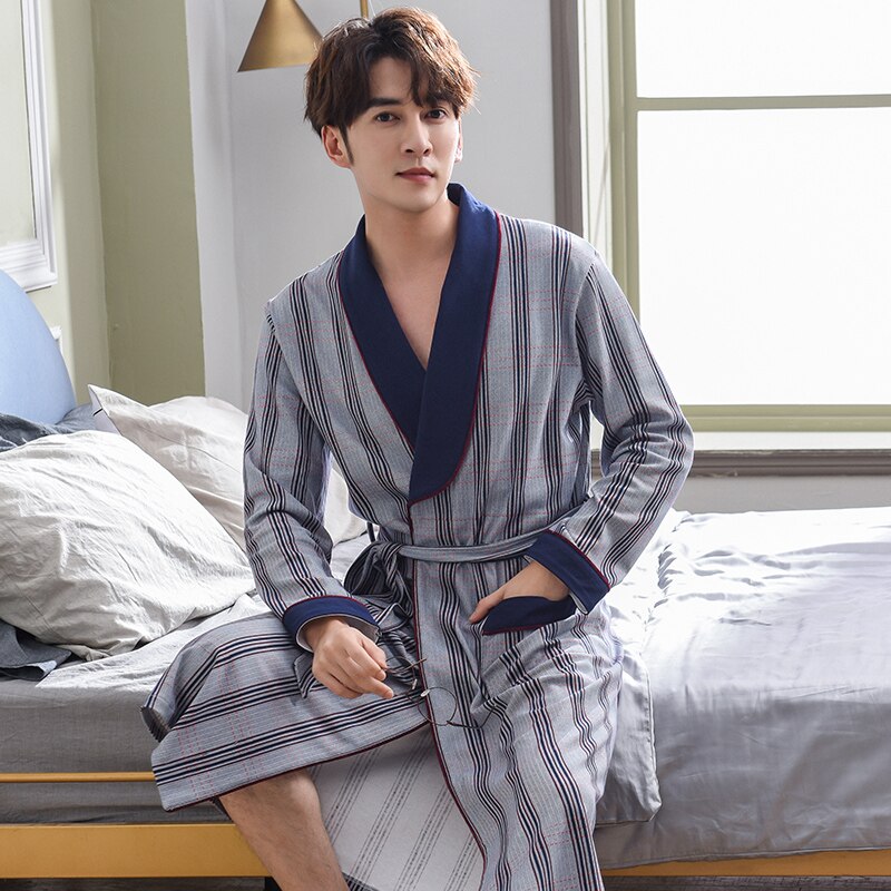 Primavera otoño Albornoz rayado hombres de algodón completo top para dormir batas Kimono para hombre batas bata de baño larga novia batas de 3XL