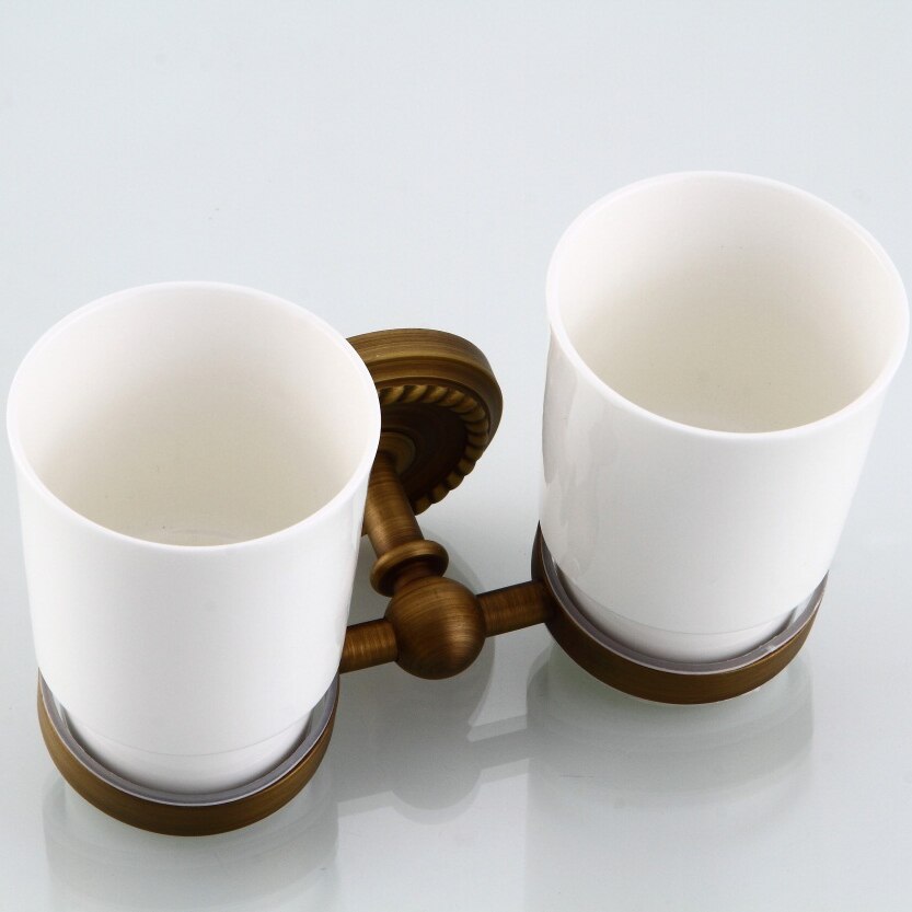 Kopp &amp; tumlarhållare 2 keramiska koppar antik mässing tandborste dubbel mugghållare vägg badrumstillbehör tumlar rack 9144k