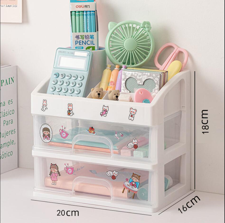 Cute Multi-storey Drawer Desktop Organizer Desk Storage Box Free Sticker home Transparent Desk Stationery office Accessories: Small -2 layer