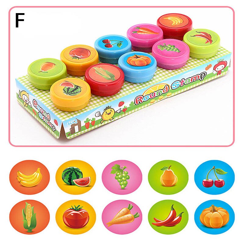 Set de 10 sellos de dibujos animados para niños, sellos de animales, frutas, tráfico, sonrisa, sello para álbum de recortes: F