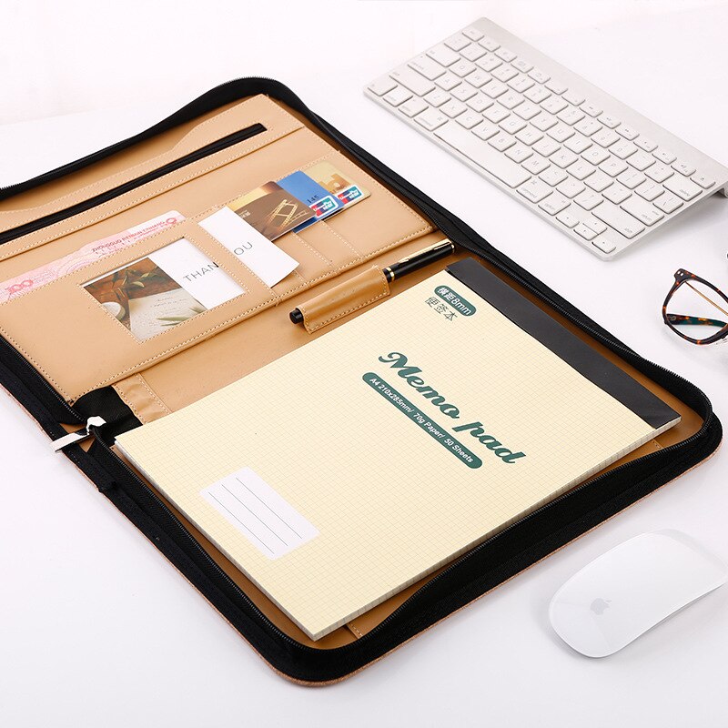 Classeur gestionnaire en cuir A4, grand classeur de luxe multifonction à fermeture éclair, sac à documents, fournitures de bureau et calculatrice
