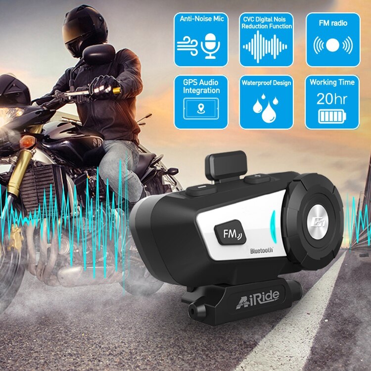 AiRide G1 Motorcycle Helmet Headphone 10M Bluetooth Group Interphone Waterproof with Voice Control, CVC Noise Canceling