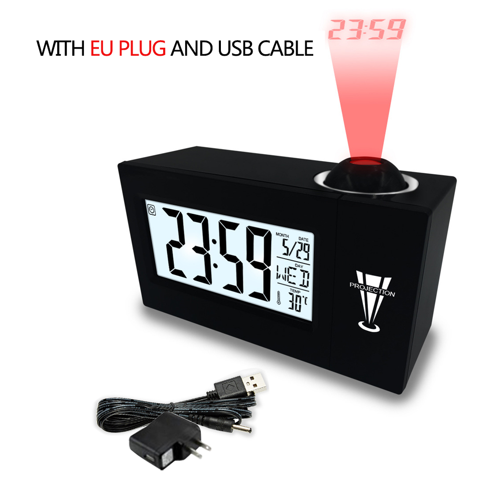 Väckarklocka med termometer kalender datum visning ändra snooze led bord klocka med eu us plug, projektion digital klocka: Svart 2 med eu-kontakt