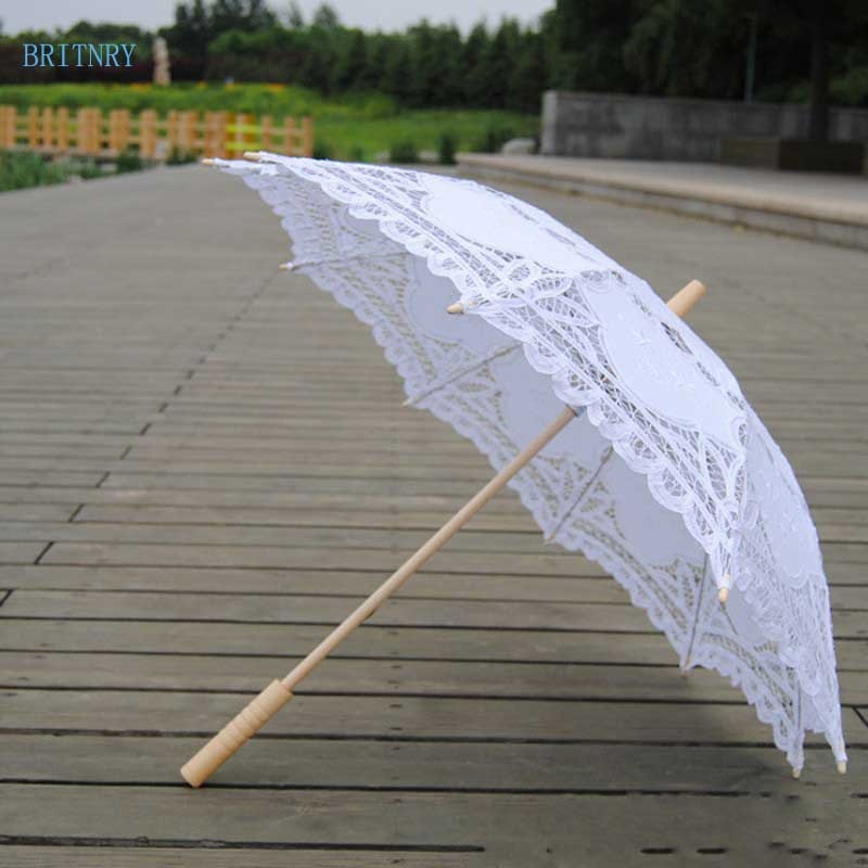 Britnry paraply bomuld broderi bryllup paraply blonder hvid parasol bryllup tilbehør