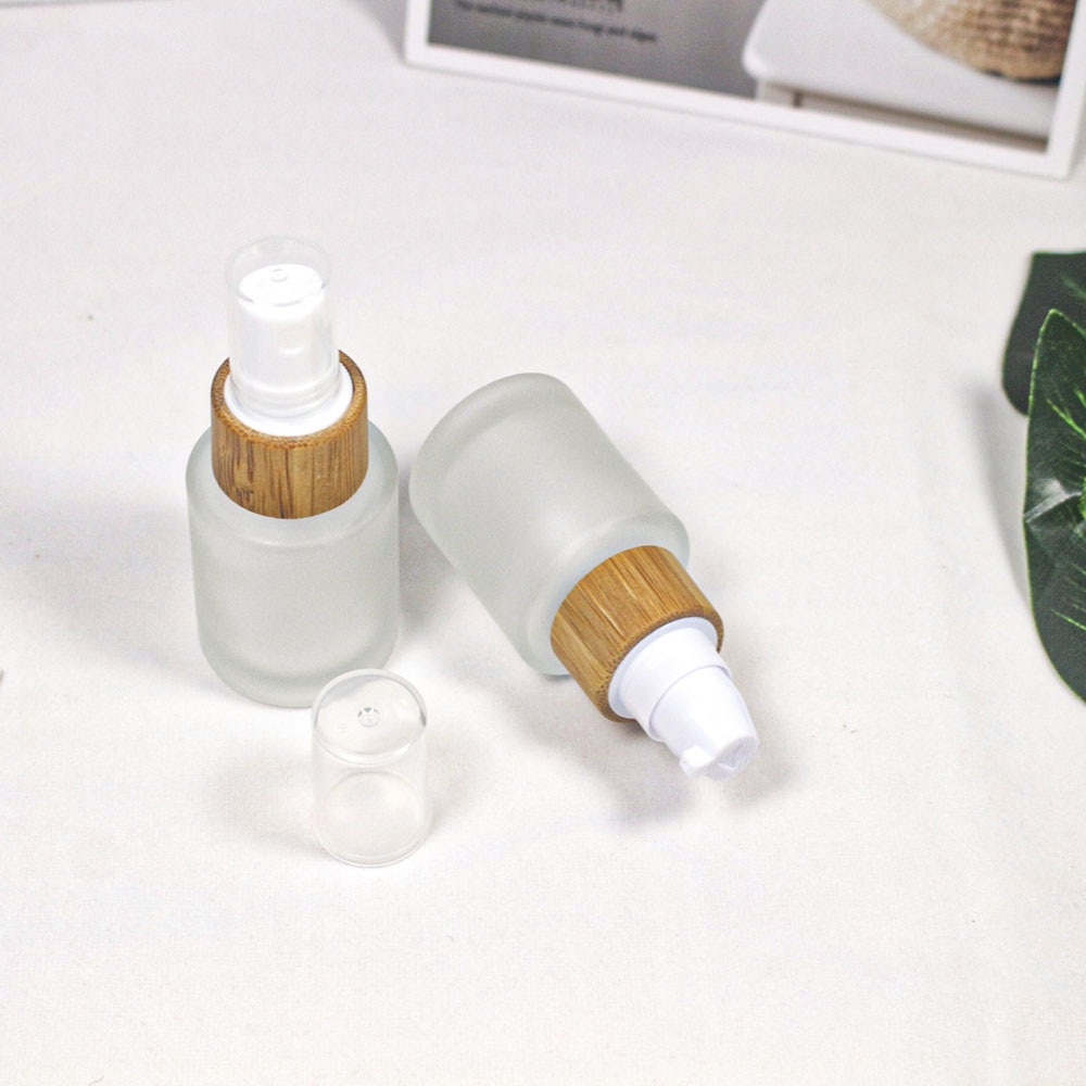 20ml gennemsigtige matteret glas lotion pumpe flaske kosmetisk naturligt træ bambus hætte spray emballage beholder