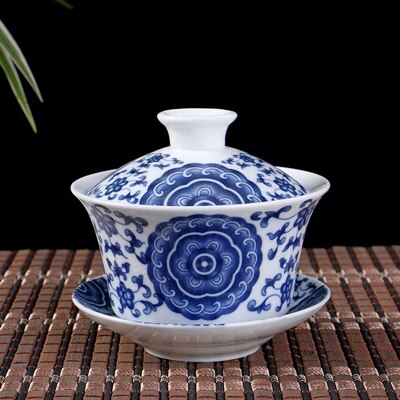 Kinesisk gaiwan fjell-elv-trykk håndmalt koppeskål blå-hvitt porselen terrengdekket skål med lokk kopp underkop: Stil 5
