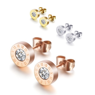 Edelstahl Stud Ohrringe für Frauen Gold Rose Farbe Römische Ziffer Zirkon Ohrringe Weibliche -Schmuck