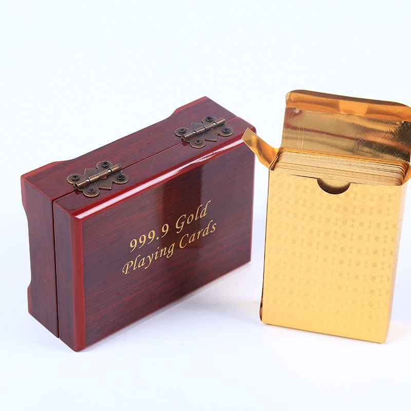 24K Gold Foil Plated Table Game Grid Pattern Playing Cards With Nice Wood Box