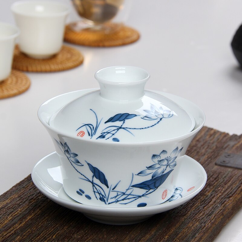Large Blue and White Porcelain Gaiwan 250ml Ceramic Cover Bowl Jingdezhen Sancai Bowl Respect Tea Bowl Chinese Tea Set