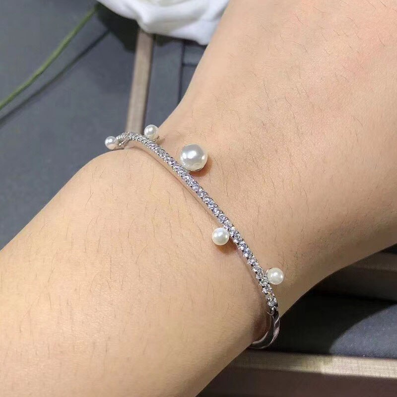UMGODLY Luxury Brand Bangle Silver Color Line Bracelet Pearl Cuff Zirconia Stones Bangle Statement Women Jewelry