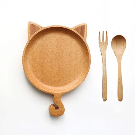 Christmas Dinner Plates For Kids Wooden Children Tableware Wood Dish Plate Wooden Earing Utensils With Spoon And Fork: cat