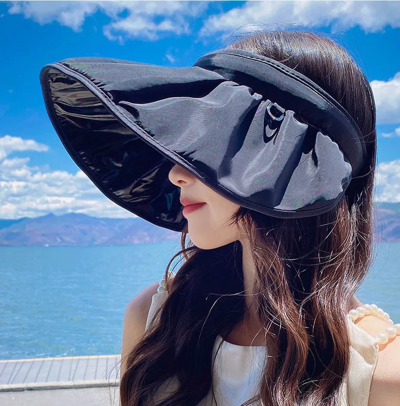 Summer UV Protection Women Sun Hats Solid Color Outdoor Beach Wide Brim Foldable Bucket Hat Ponytail Caps Panama Cap: MULTI