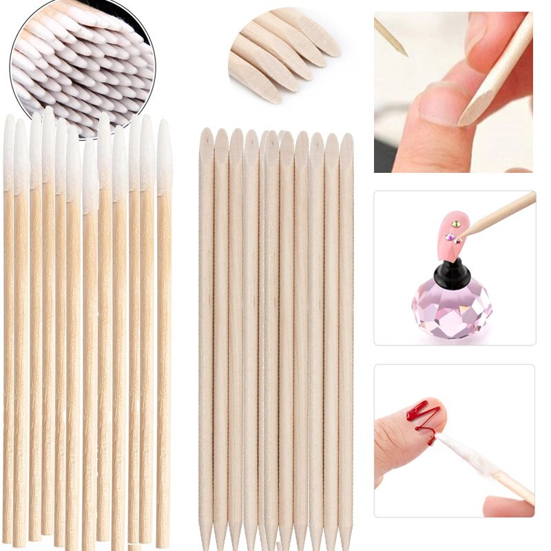 Empujador de cutículas de madera para uñas, palitos de madera naranja para quitar cutículas, manicura de algodón, herramientas de arte de uñas, 100 Uds.