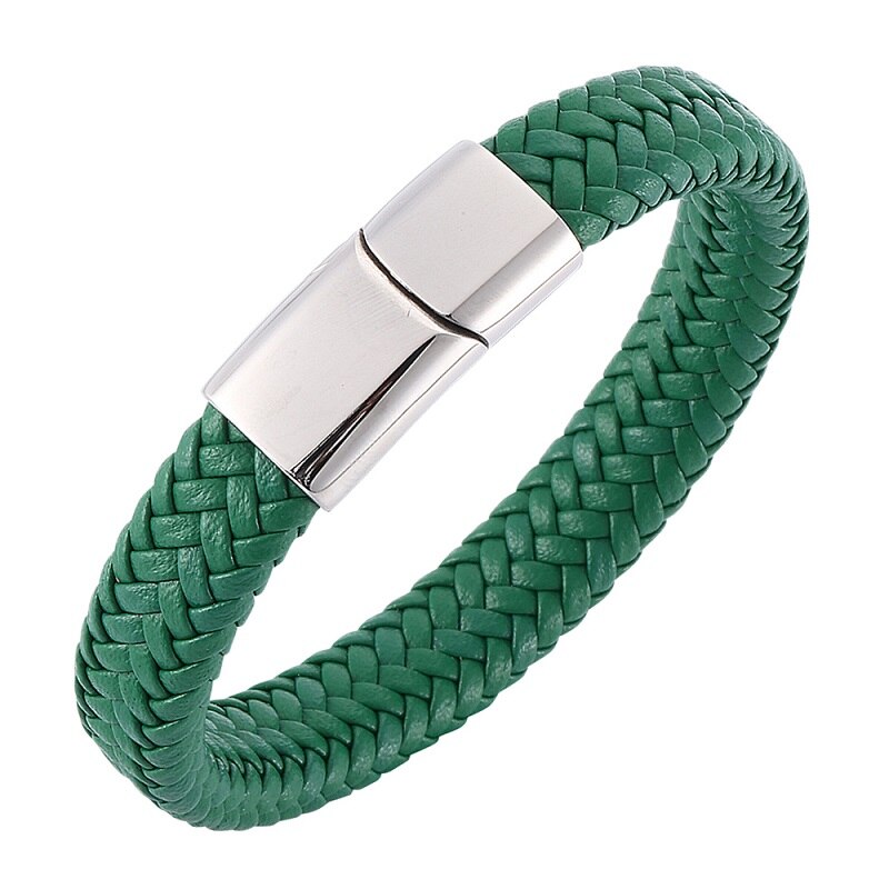 Men Jewelry Green Braided Leather Bracelet Stainless Steel Magnetic Clasp Punk Bangles Male Wrist Band S0016: Silver Clasp / Wearing length 205mm