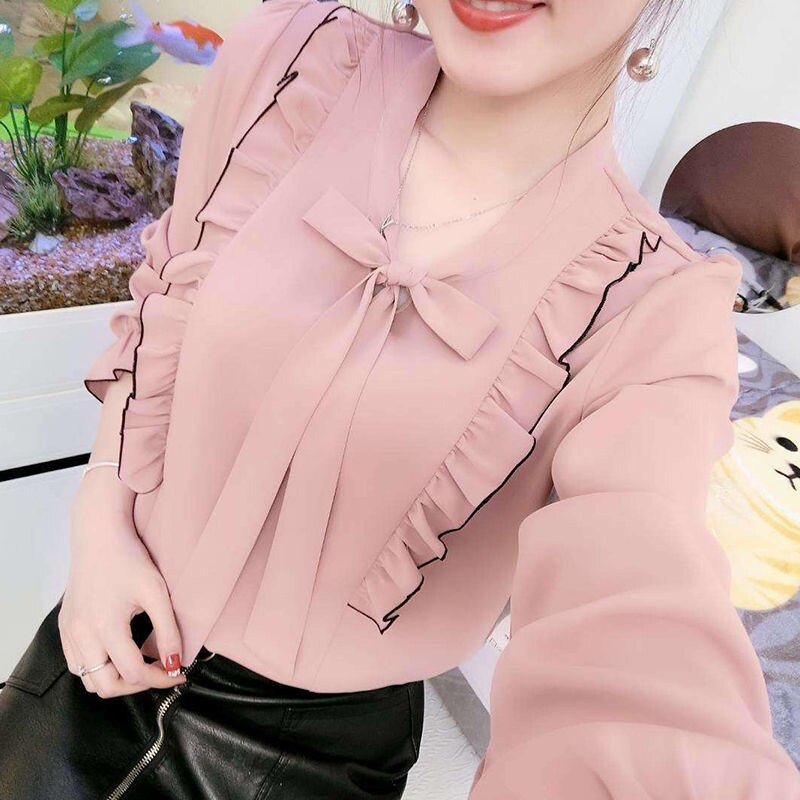 Dames lente zomer stijl chiffon blouses shirts dames casual lange mouwen ruches decor strik kraag blusas tops  dd8828