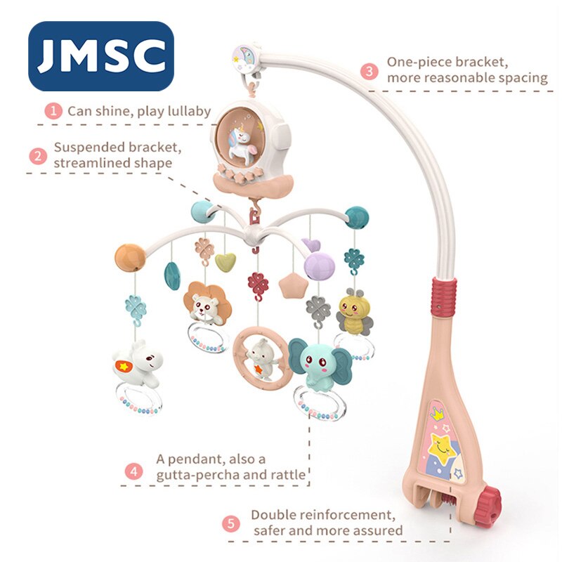 JMSC Baby Krippe Fernbedienung Handys Rasseln Musik Pädagogisches Spielzeug Rotierenden Bett Glocke Nachtlicht Drehung Karussell Kinderbetten 0-12M neugeborene