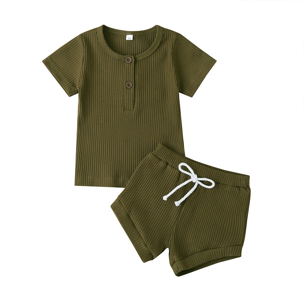 2021 set da bambino neonate ragazzi abiti lavorati a maglia neonato T-Shirt manica corta Top pantaloncini tinta unita abiti estivi per 6-24M: Army Green / 18m