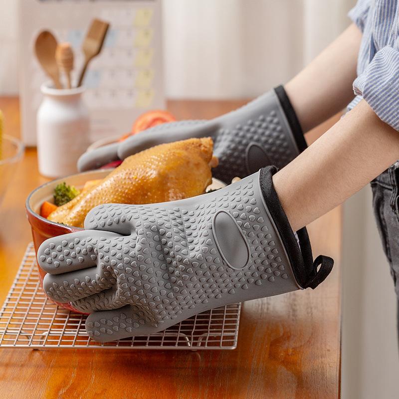 Heat Resistant Silicone Oven Mitt Non-Slip Kitchen Gloves Cotton Double Thickened Cooking Oven Gloves for Kitchen Baking Bbq