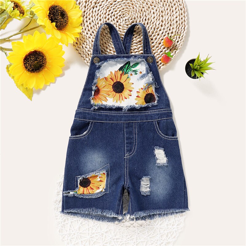 2-7Y Children Clothing Summer Kid Baby Girl Sunflower print Denim Overalls Sleeveless Strap Shorts Jumpsuit Outfit