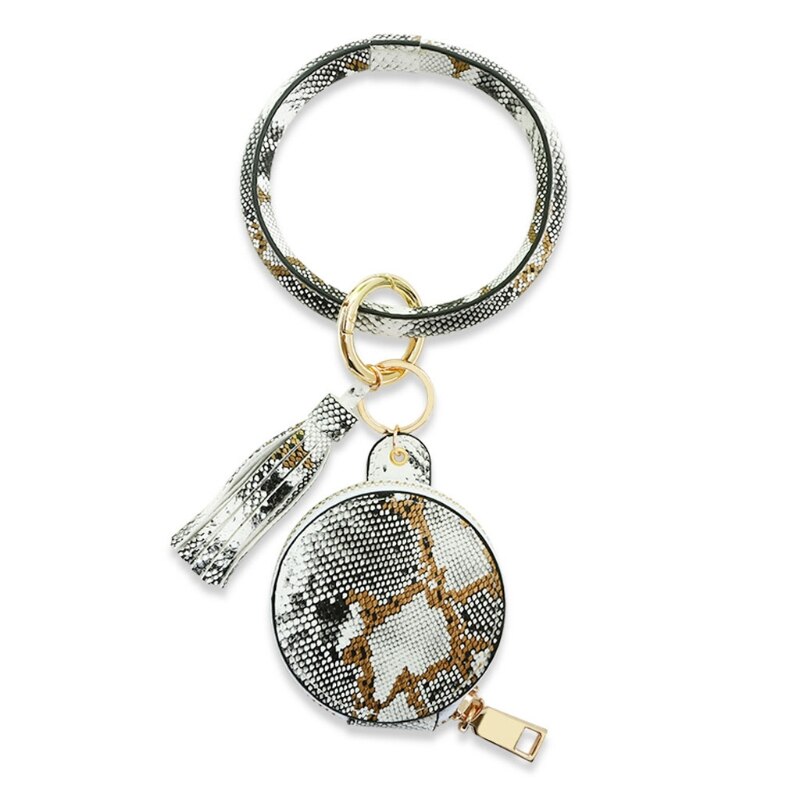 Vrouwen Oordopjes Sleutelhanger Armband Tas Lederen Polsbandje Cirkel Sleutelhanger Bangle Koptelefoon Kwastje Mini Portemonnee Met Make-Up Spiegel: Snake White
