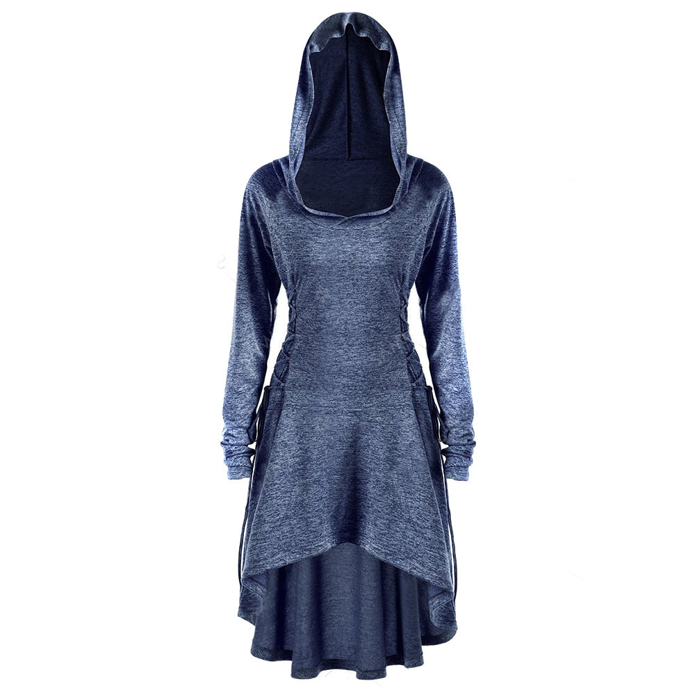 Women's Hooded Dress - Long Sleeve Side Bandage Casual Loose Irregular Hem: L / Blue