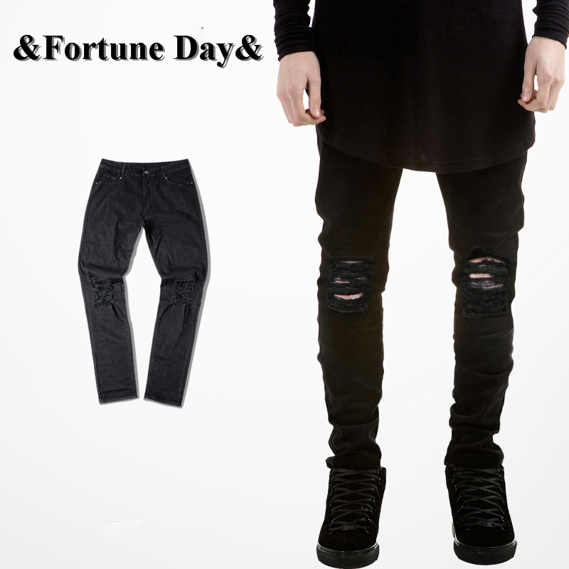 men black skinny ripped jeans Men's street hip hop swag Destroyed denim trousers Jogger motorcycle biker jeans
