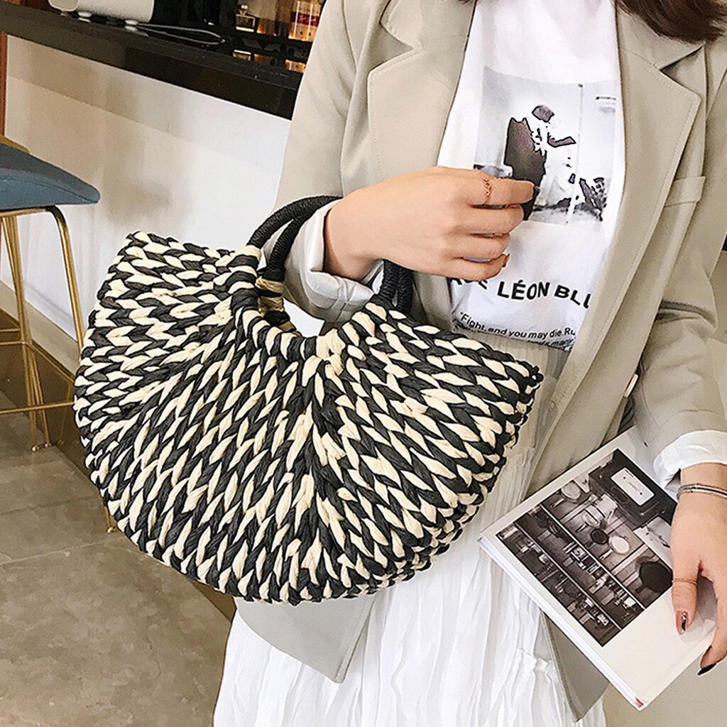 Jahrgang Stroh Tasche Runde Rattan Taschen Handgemachte Sommer Taschen Gewebt Strand Damen Kreis Schulter Tasche Böhmen Mädchen Handtaschen # t2g