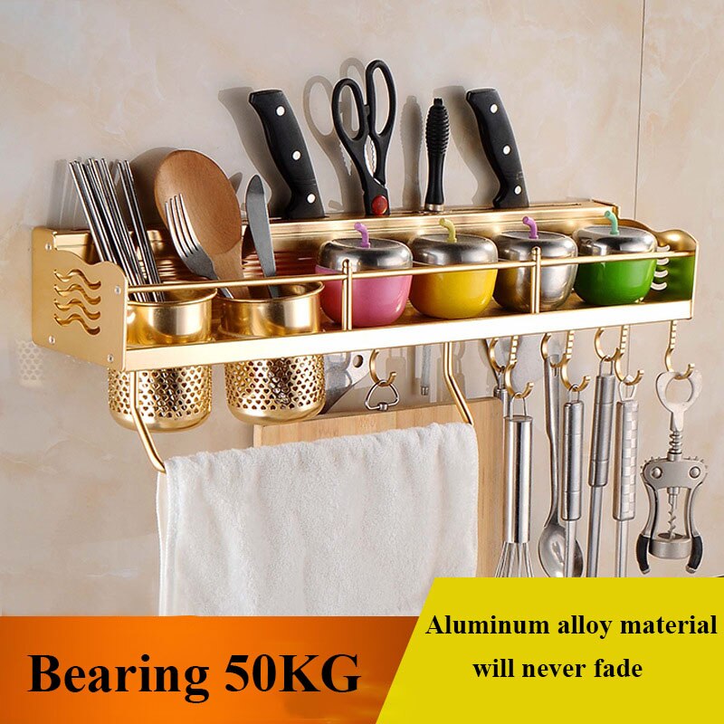 Wall Mounted Pot Pan Rack Multifunctional Kitchen Bookshelf Bottle Rack Cutlery Blocks Hanger Hooks Organizers Space Aluminum