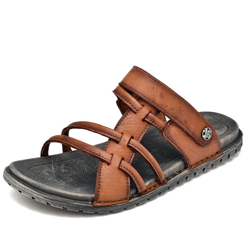 Miubu tøfler tilfeldig flate herre sandaler sommer utendørs svarte strandsko slides tåløkke menn myk stropp skinn