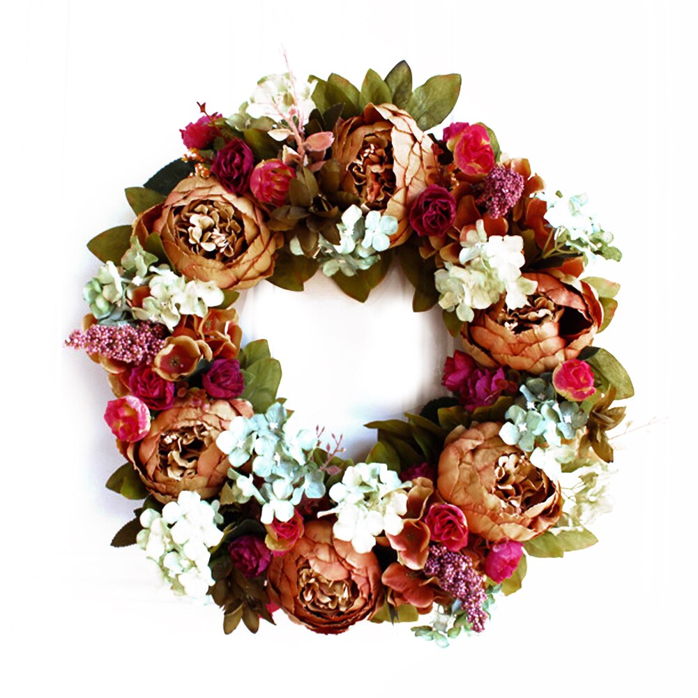 Corona de flores artificiales Vintage europea, corona de peonía para puerta de 16 pulgadas, corona de primavera, corona redonda para decoración de Festival de boda: D