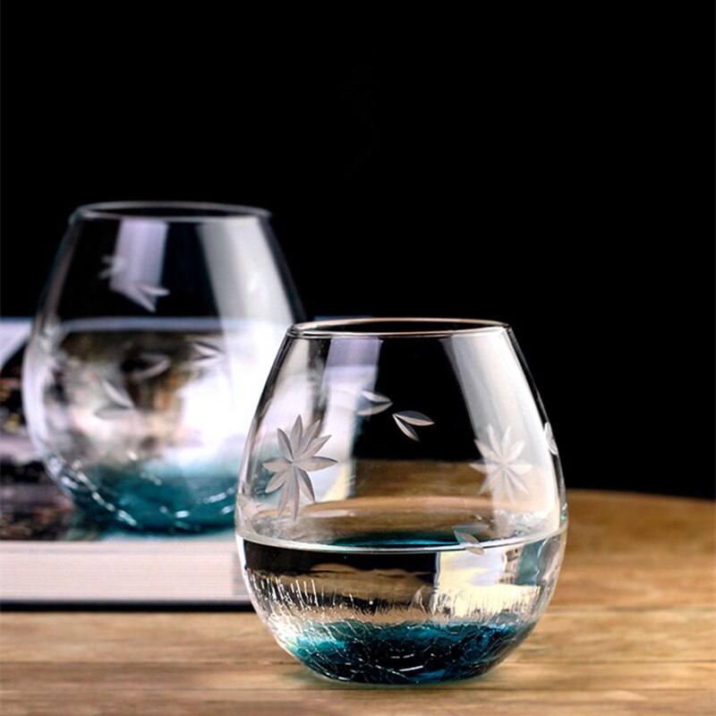 Japanese Style Edo Crystal Ice Cracks Water Cup Manual Engraving Sakura Blackish Green Artwork Big Belly Egg Wine Glass Tumbler