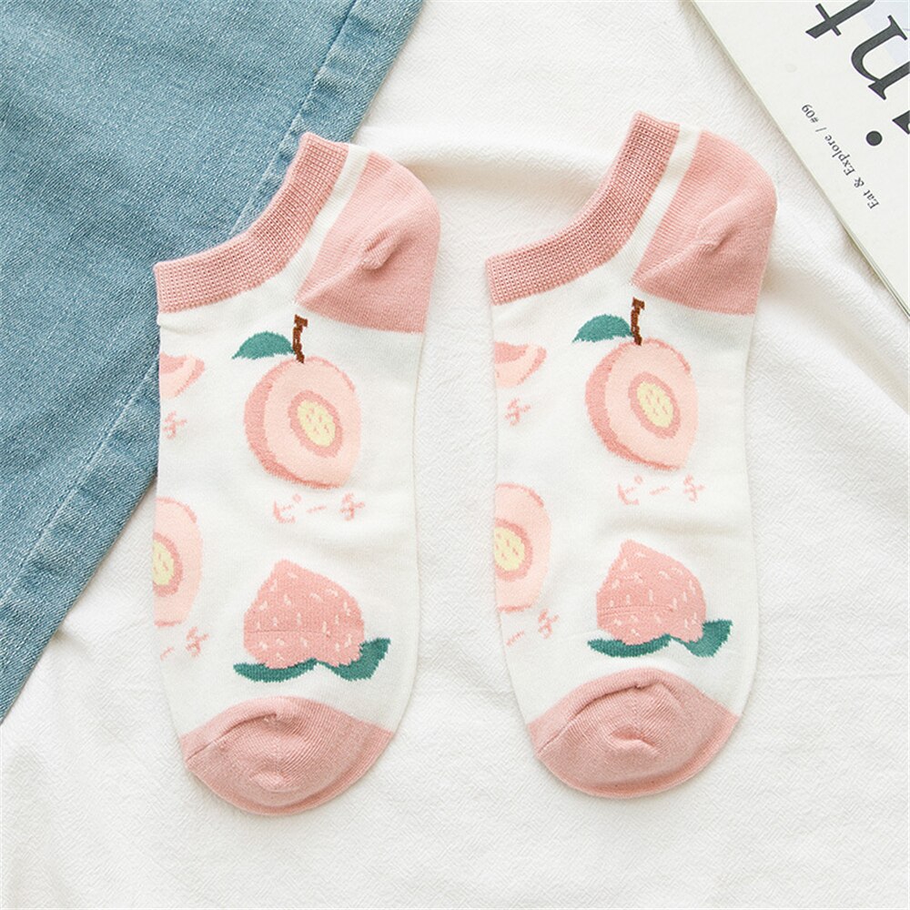 Girls summer funny cute cartoon happy fruit socks avocado strawberry watermelon banana lemon peach sokken: White Pink Peach