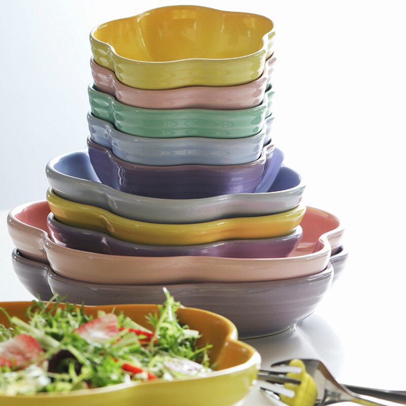 Céramique en forme de fleur profonde multicolore | Plat, soupe au riz, assiette à spaghetti, bol de collation aux fruits, assiettes à salade, fournitures de table pf9064
