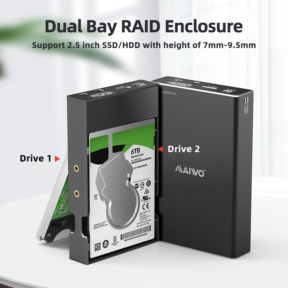 MAIWO Dual Bay External Hard Drive box RAID Enclosure for 2.5 inch SATA I/II/III HDD SSD RAID 0/1/LARGE/PM 6Gbps Support UASP