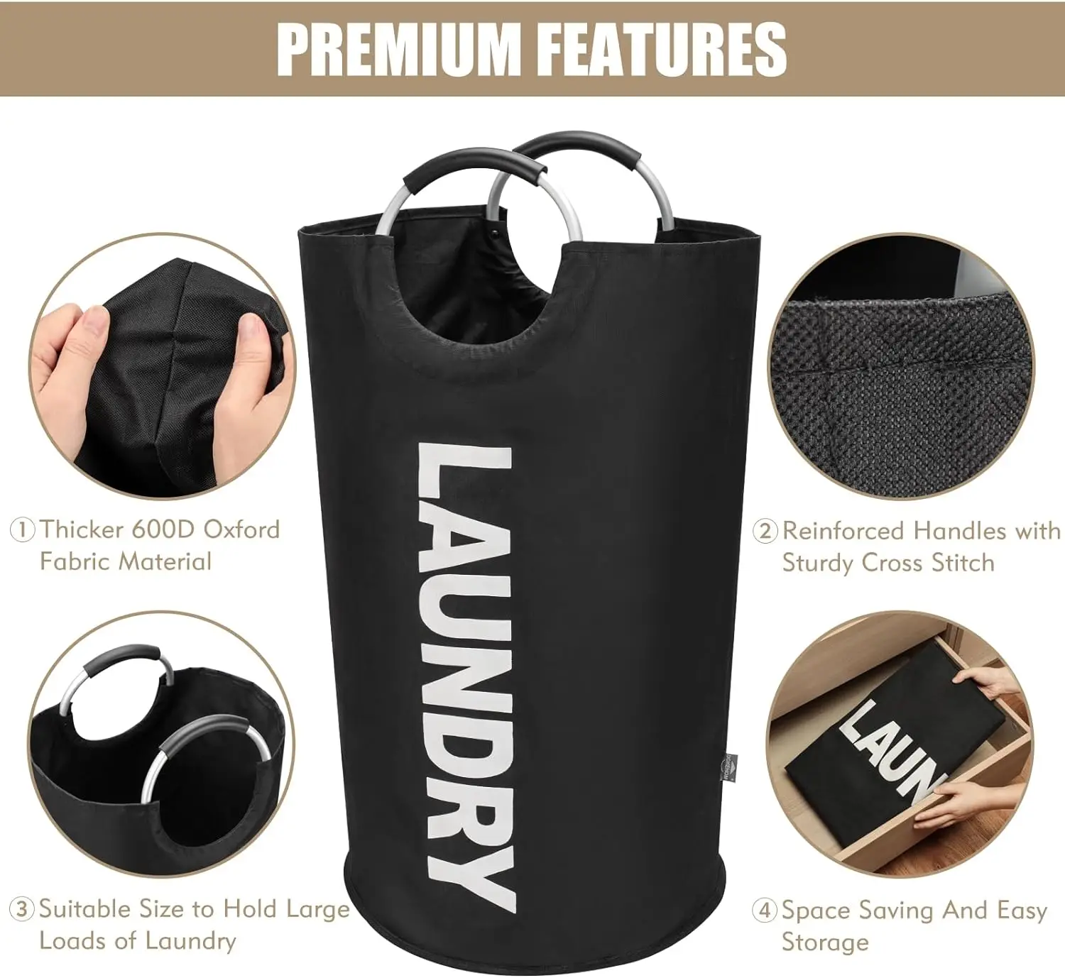 90L zwarte grote wasmand, opvouwbare waszak, vrijstaande hoge wasmand, opvouwbare wasbak opbergtas