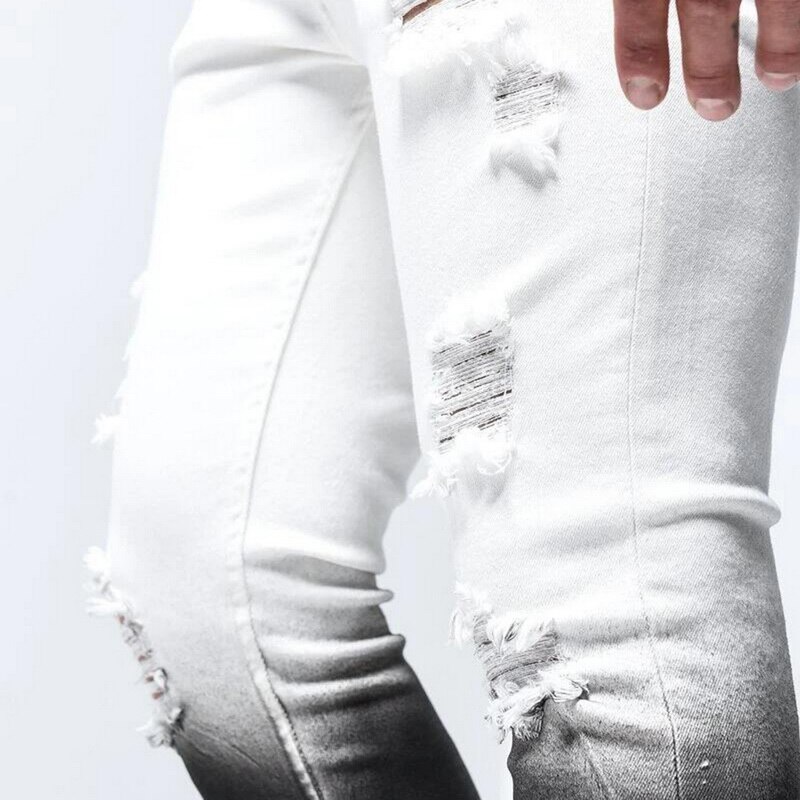 UEFEZO dégradé couleur déchiré jean hommes décontracté coupe étroite jean Slim Homme moteur motard Hip Hop fermeture éclair Denim pantalon pantalon